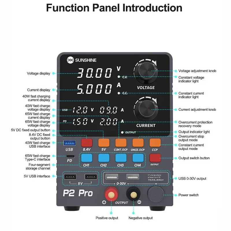 SUNSHINE P2 Pro Toroidal Transformer Power Supply With Four-digit Display For Mobile Phone Fast Charge Repair Power Supply