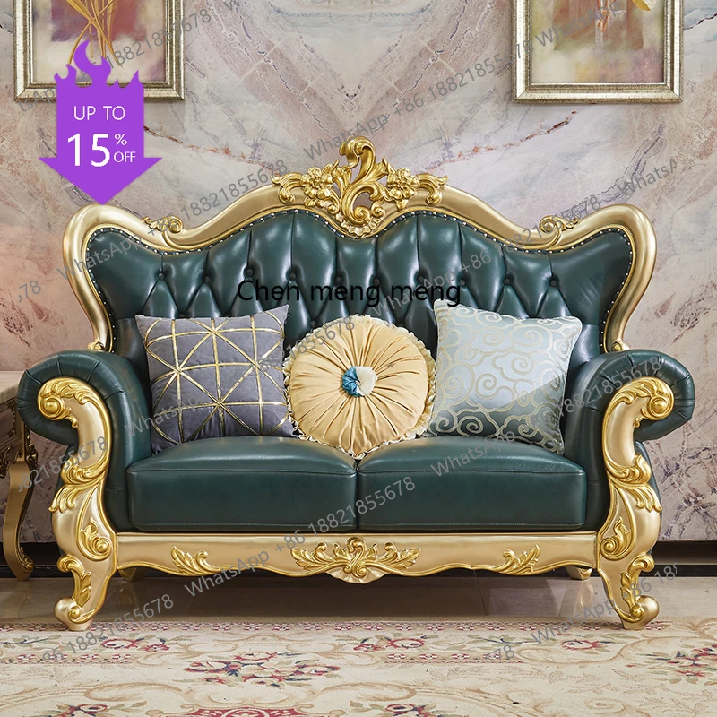 

01A Европейский кожаный диван, комбинация роскошной неоклассической виллы, гостиной, первый слой, мебель из цельного дерева из воловьей кожи