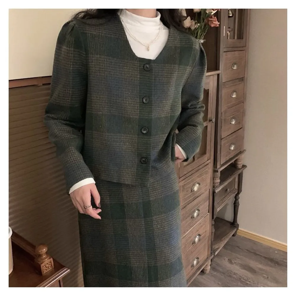 Vintage Green Tweed Outfit Suit Women Elegant Wool Short Coats +High Waist Long Skirt  Autumn Winter 2 Piece Sets Office Ladies