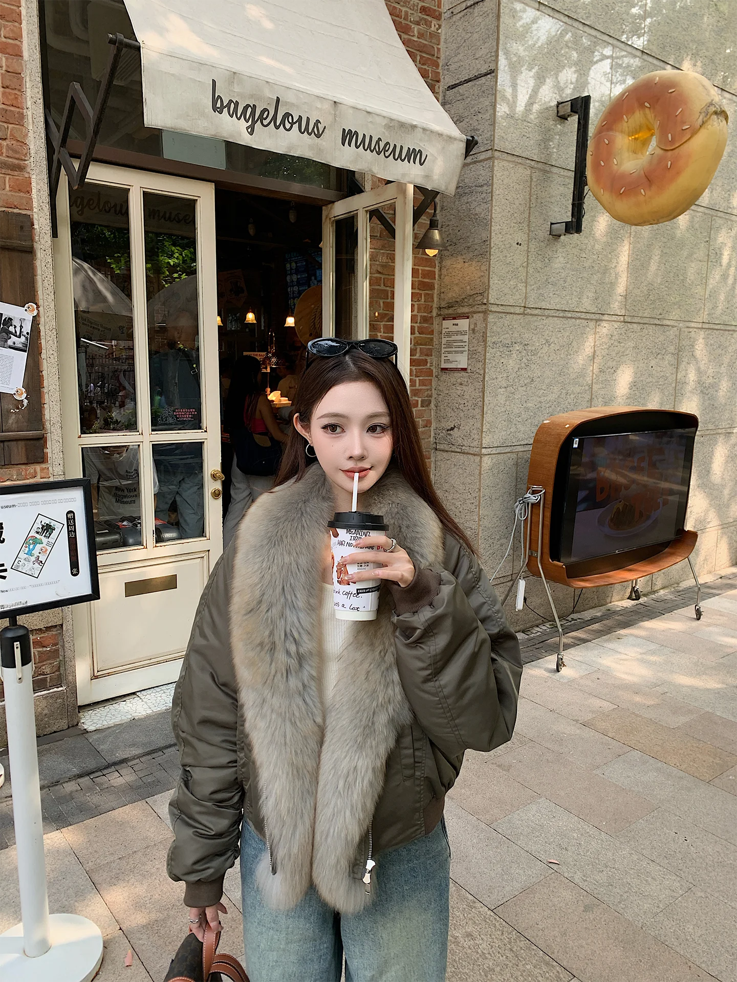 

Bobo Fur Removable walking Goose down Parka Women's Flight Suit Outerwear with Large Plu Collar Casual Sle ort Coat