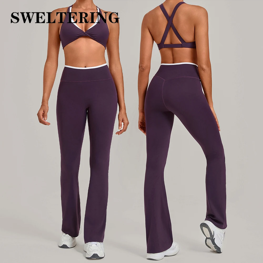 2PCS Yoga Set Women's Contrast Color Tracksuits Gym Workout Sets Sports Outfits High Waist Butt Lift Flared Pants Yoga Clothes