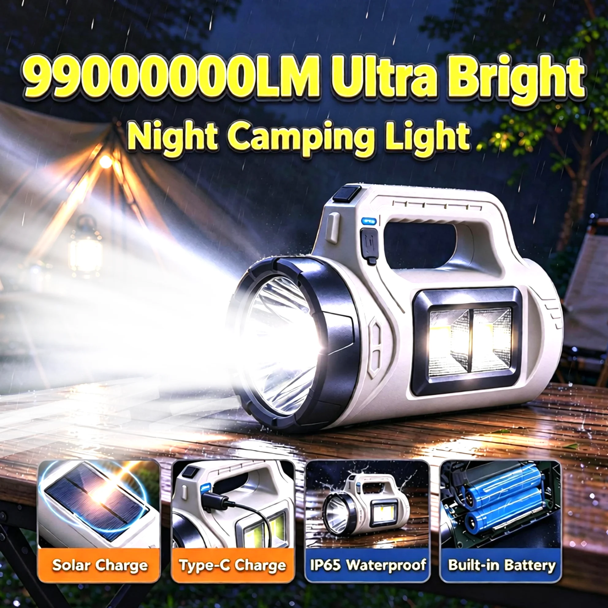 99000000LM Super Bright Solar&Type‑C Charging Handheld LED Searchlight Waterproof Portable Flashlight Outdoor Camping Emergency