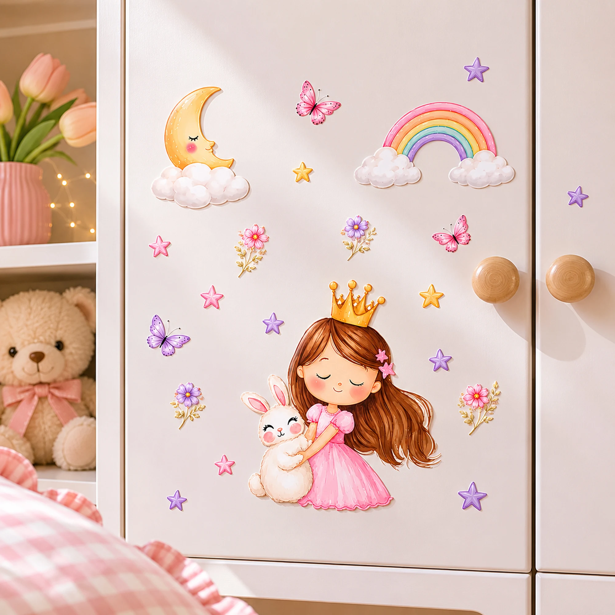 Girl & Unicorn Wall Decal - Peel and Stick Removable Watercolor Sticker Stars & Butterflies, Pastel Decor for Baby Girl Nursery view 2