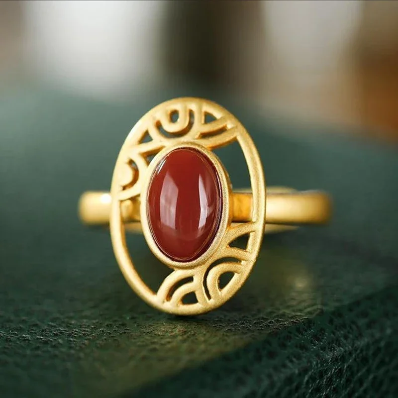 New inlaid natural southern red tourmaline opening adjustable rings for women Chinese retro creative light luxury jewelry