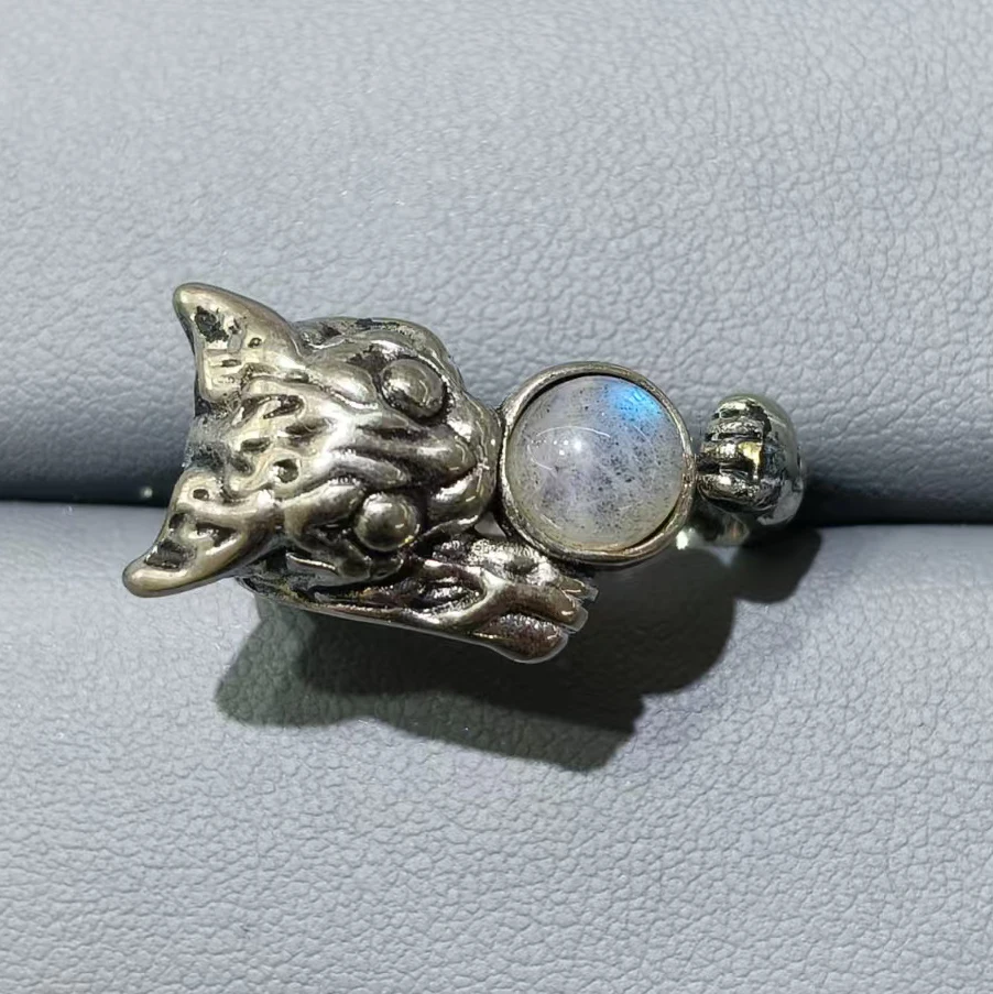 100% natural moonstone Gemstone labradoritec Retro style Ring Women\'s men adjustable copper silver plated ring Party Jewelry