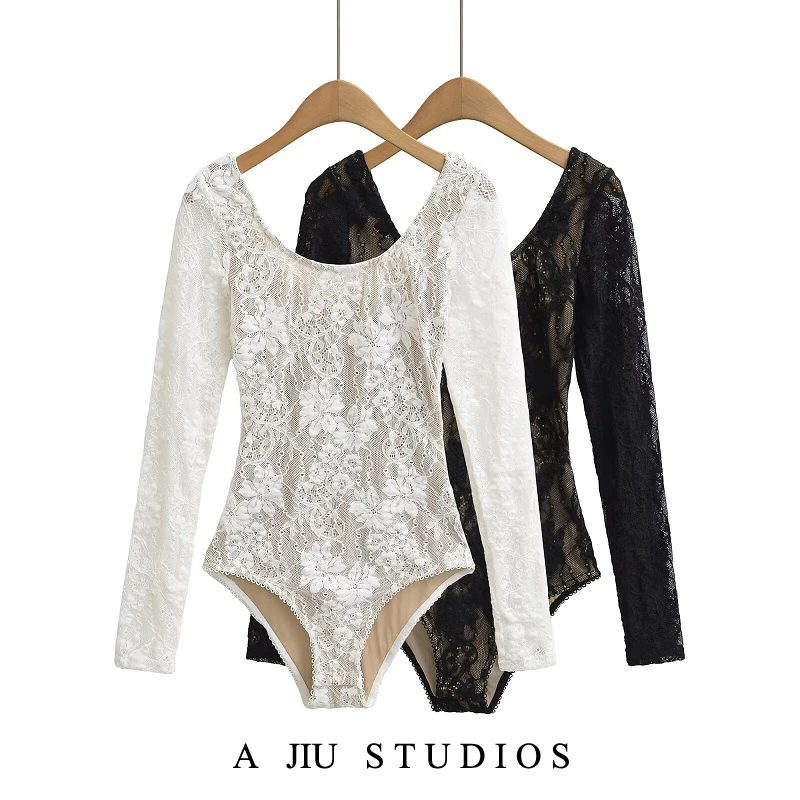 

Pure Desire Sexy Lace Hook Flower One-Piece Women's Long Sve T-irt Hollow out Slimming Base irt High Waist orts