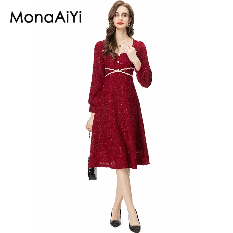 

MonaAiYi New Fashion Runway Designer Dress Women's Square Collar Lantern Sleeve Sequin Slim Red Tweed Midi Dresses