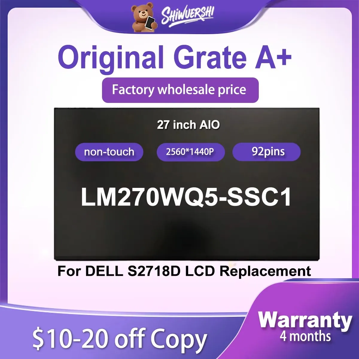 

27" New Original LCD screen Monitor LM270WQ5-SSC1 LM270WQ5 SSC1 LM270WQ5 (SS)(C1) IPS Replacement for Dell S2718D Display Panel