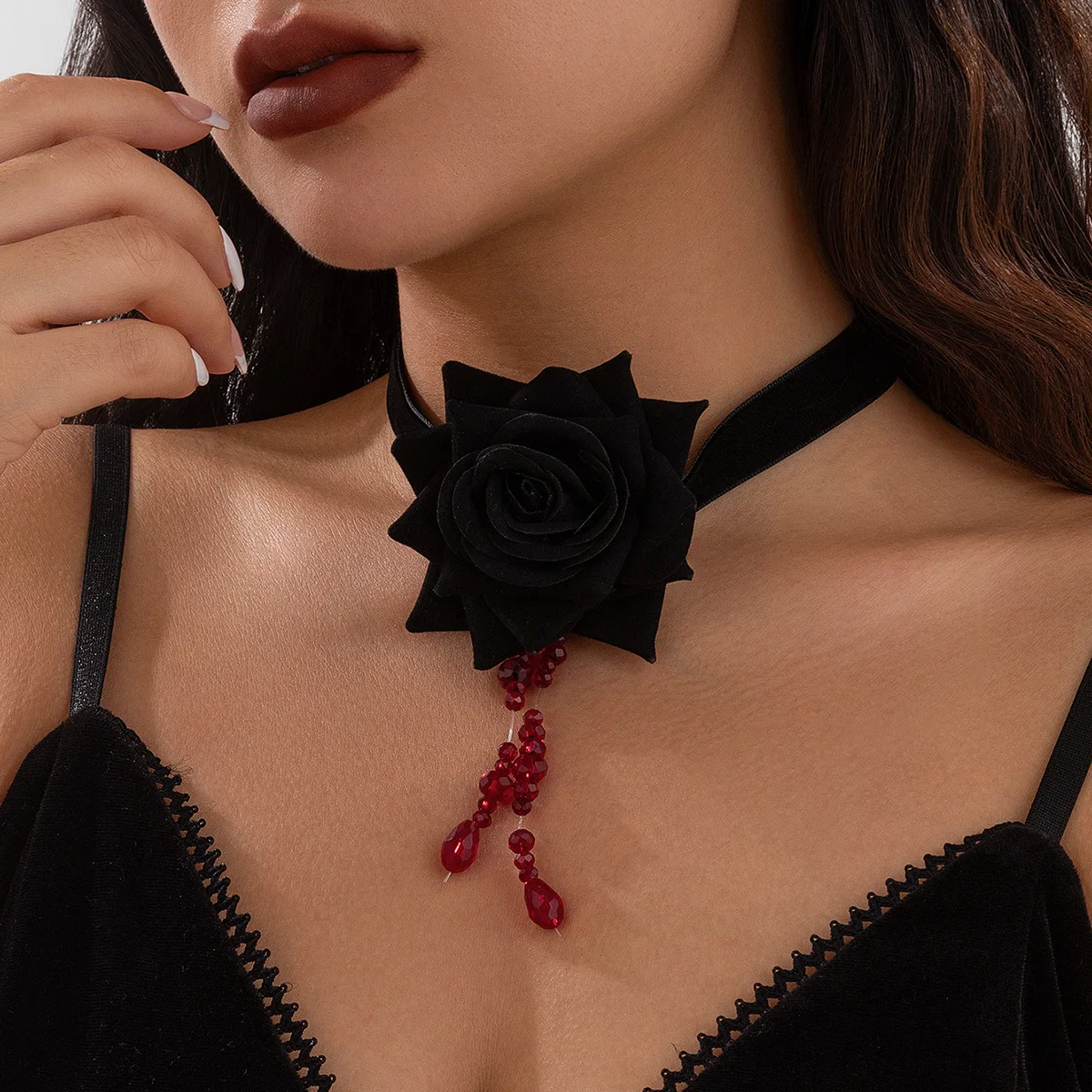 

Choker Necklace Fabric Gothic Rose Blood Drop Tassel Pendant Adjustable Black Edgy Dark Party Jewelry Women Premium Sturdy