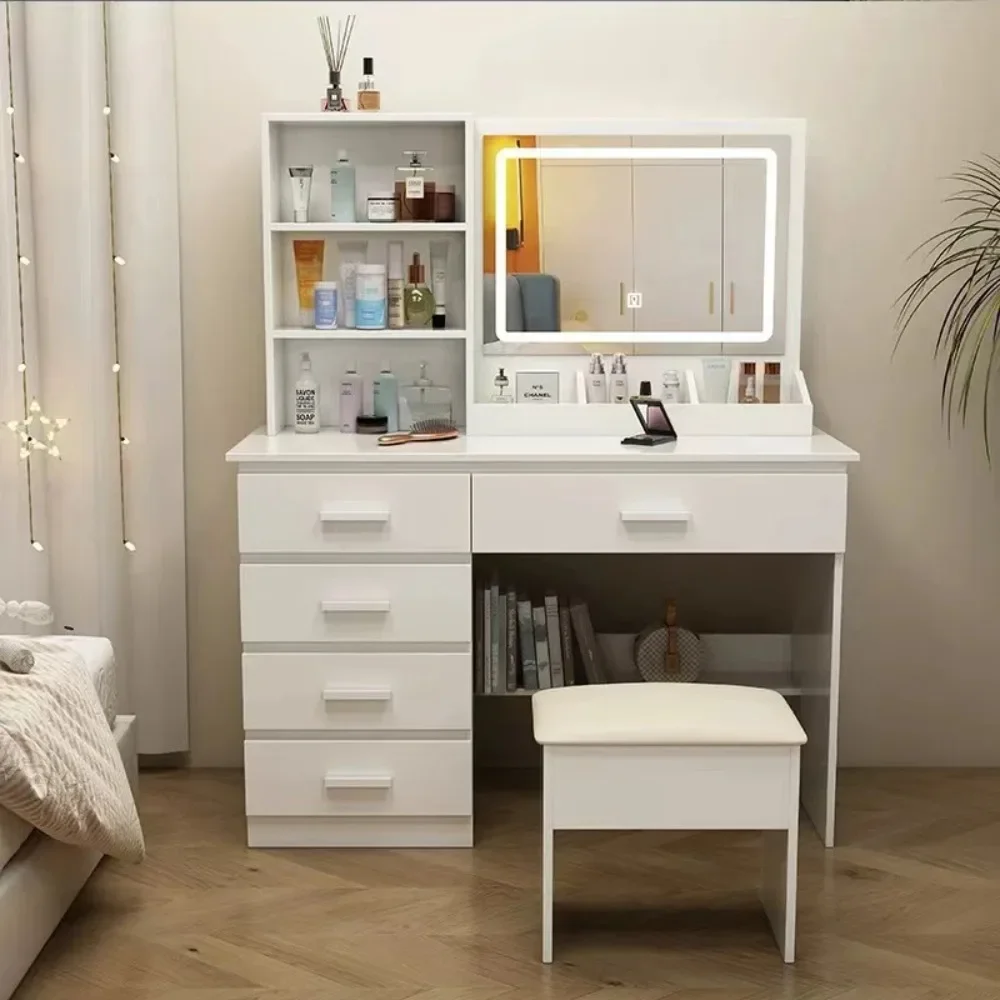 Large Storage Vanity Desk with LED Lights Modern White Antique Walnut Panel Makeup Table for Bedroom Dressing Cabinet