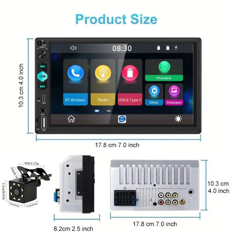ستيريو سيارة بشاشة لمس 7 بوصة مع كاميرا احتياطية، مدخل سماعة رأس 2 Din، مشغل وسائط متعددة مع وظائف Type-C/FM/USB/AUX SD