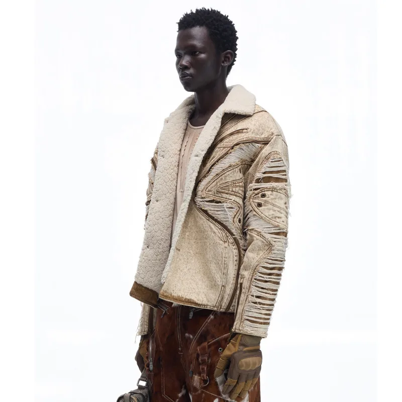 HKSH Autumn Winter New Men Tide Punk Warm Broken Jacket Lamb Wool Denim Chic Ins Fashion Techwear Avant-Garde Dark Coats HK16719
