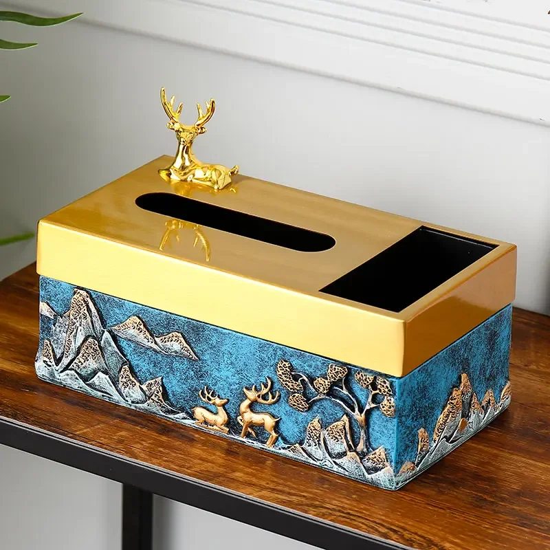 Iron Art Resin Tissue Box Rectangular Storage Deer Decoration Napkin Holder Multifunction Remote Control