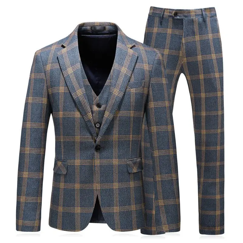 

Formal Plaid Men Suits 3 Pieces Checked Wedding Wear Business Groom Wedding Dress Casual Jacket Vest Pants Set for Party Prom