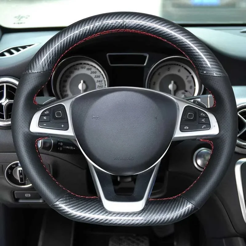 

For Mercedes-Benz C200 C250 C300 B250 B260 A200 A250 Sport CLA220 Black Carbon fiber Genuine Leather Car Steering Wheel Cover