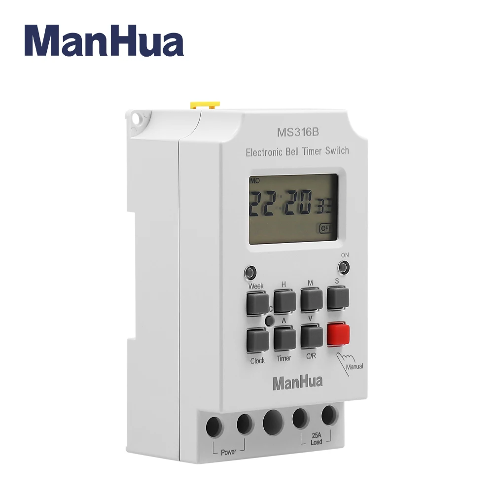 ManHua 220VAC 25A MS316B with cover weekly Programmable 99 ON Duration 23hours 59 Seconds With LCD Display School Bell Timer