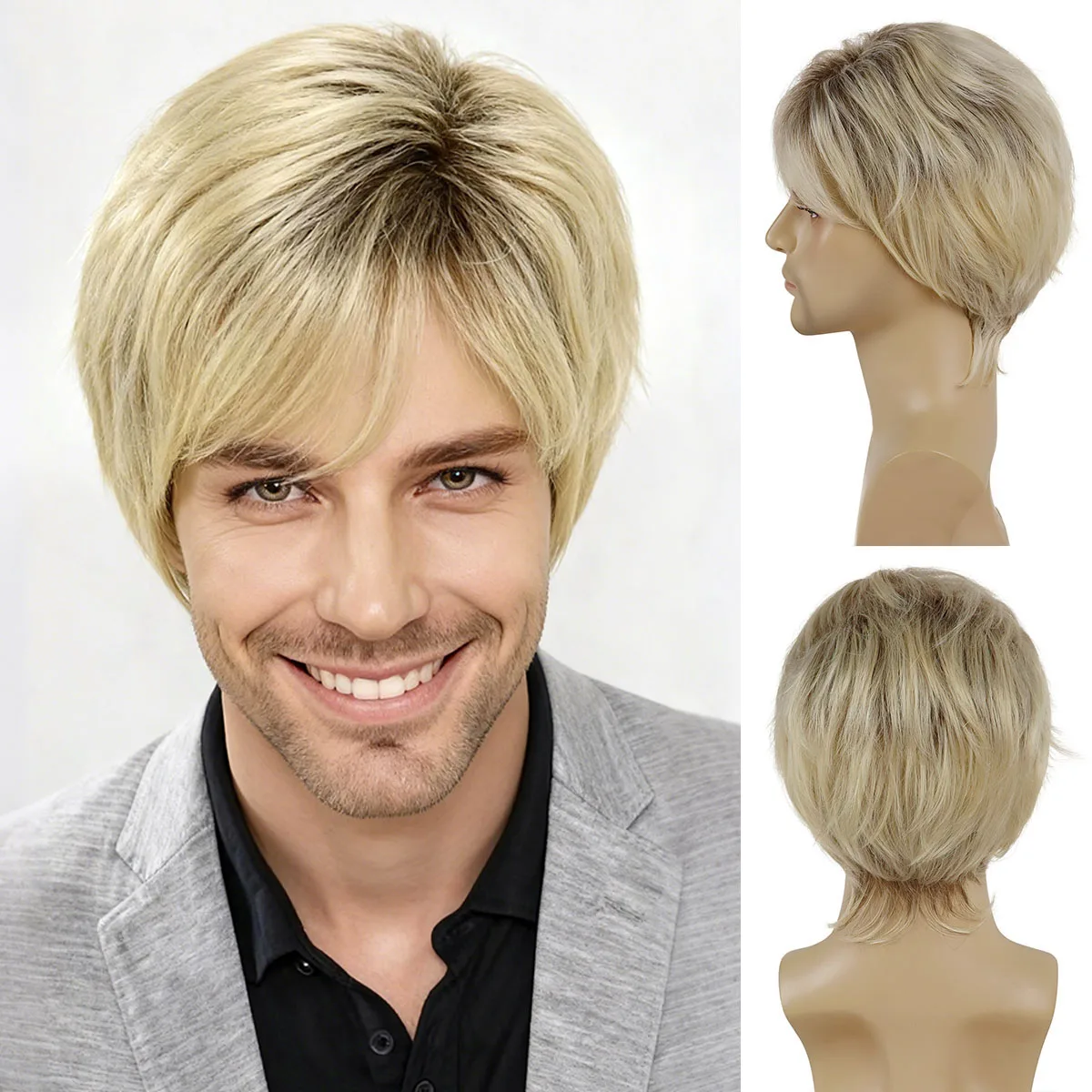

Мужской парик блондинки, короткие прямые парики из синтетических волос для мужчин, повседневная одежда для парней, аниме-костюм, Хэллоуин, косплей, вечеринка, бизнесмен