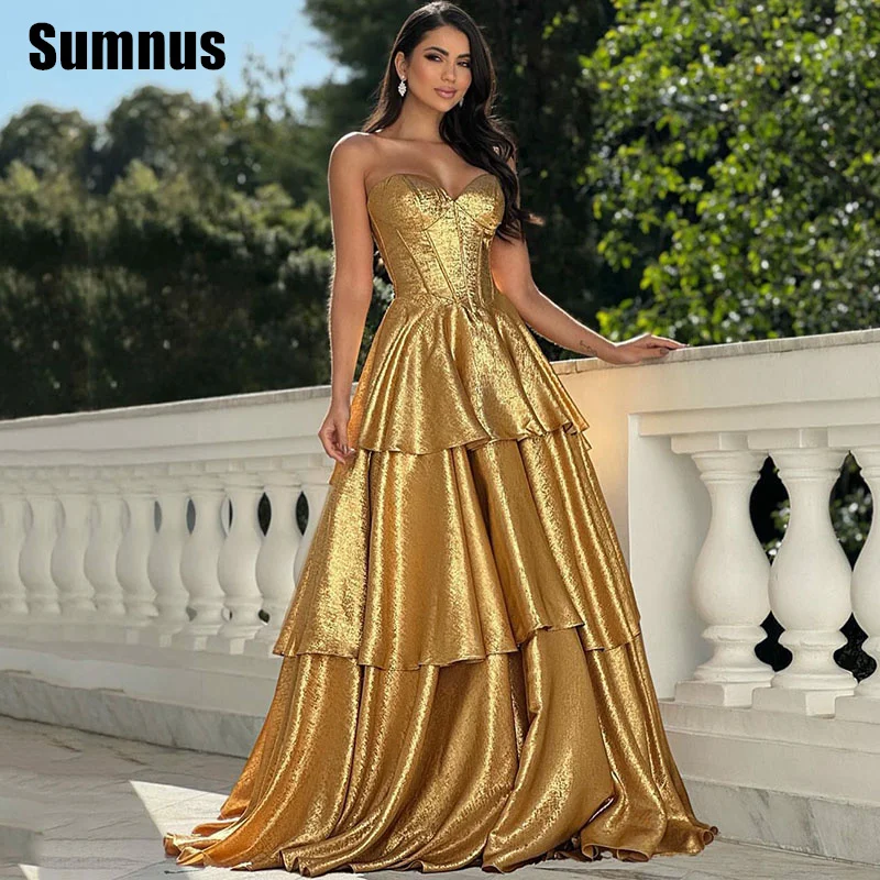 

Sumnus Charming A-Line Gold Prom Dress Sweetheart Tiered Sleeveless Party Dresses Floor-Length Evening Dress Customized