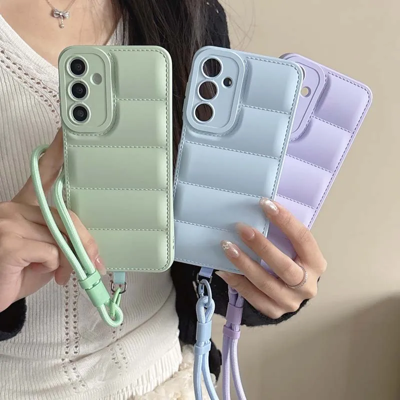 Fashion Down Jacket Hand Wrist Strap Case for Samsung S25 S24 Plus S26 Ultra A36 A56 A17 A16  Lanyard Solid Color Soft Cover