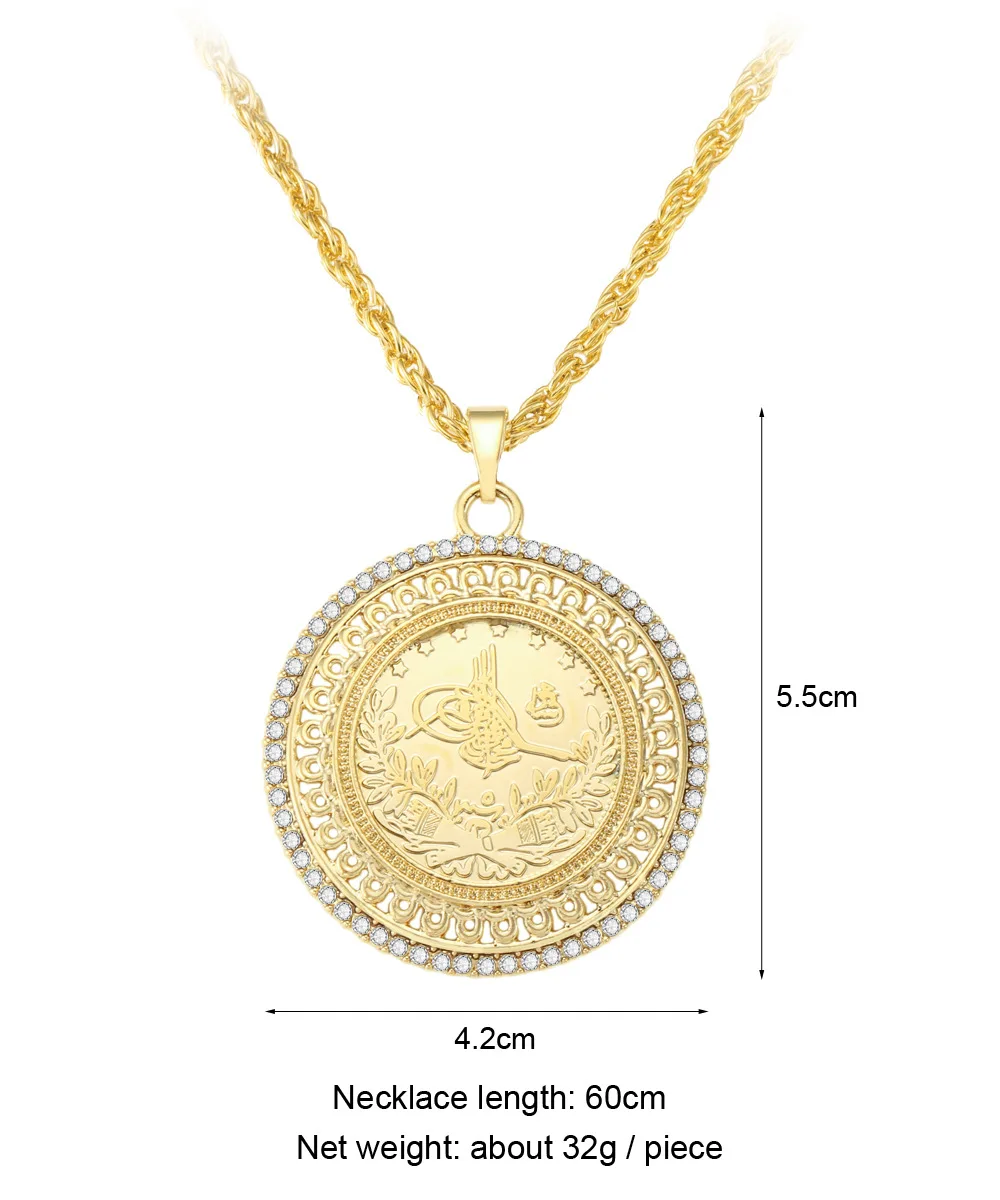 Arab Muslim Women's Necklace Jewelry Gift Turkish Ottoman Totem Coin Pendant Ethnic Bride Jewelry Long Slip Chain Plated