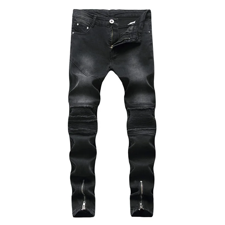 Wholesale 2020 Fashion Washing Casual Dark Grey Distressed Ripped Hole Pleated Snow Motorcycle Biker Zipper Leg Skinny Jeans Men