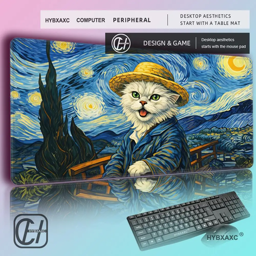 

HYBXAXC Van Gogh Art Cat Starry Night Mouse Pad, Stitched Edge Esports Gaming Mat Cute Cat Pattern Desk Pad, Wear-resistant