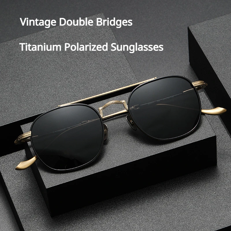 Vintage Double Bridges Polarized Sunglasses Titanium Trendy Small Frame No Allergies UV400 Protection Outdoor Camping Shades