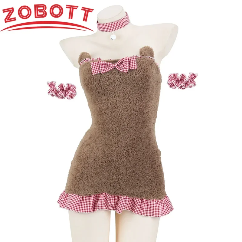 Hot Toys Winter Warm Cute Girl Plush Bear Dress Women Cat Plaid Maid Lolita Unifrom Outfits Costumes Cosplay