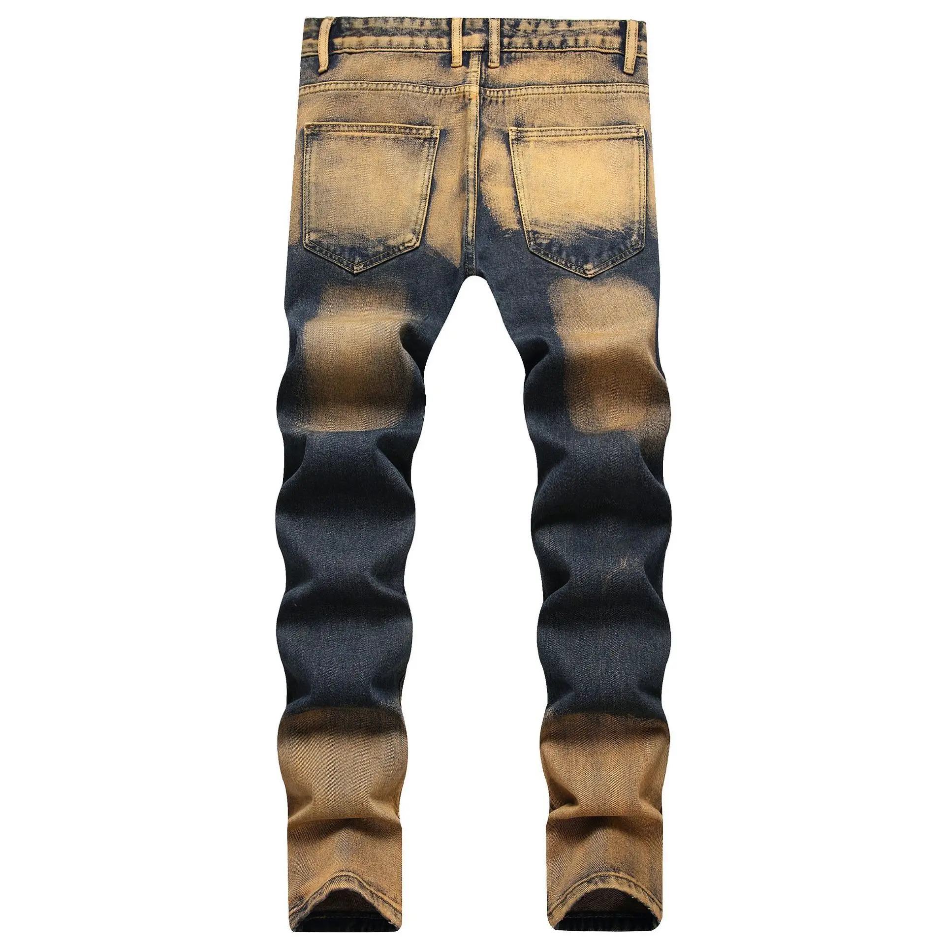 Pencil Pants Hole Jeans Men Skinny Ripped Straight Trousers Mid Waist Pockets Distressed Streetwear Vintage Washed Male Denims