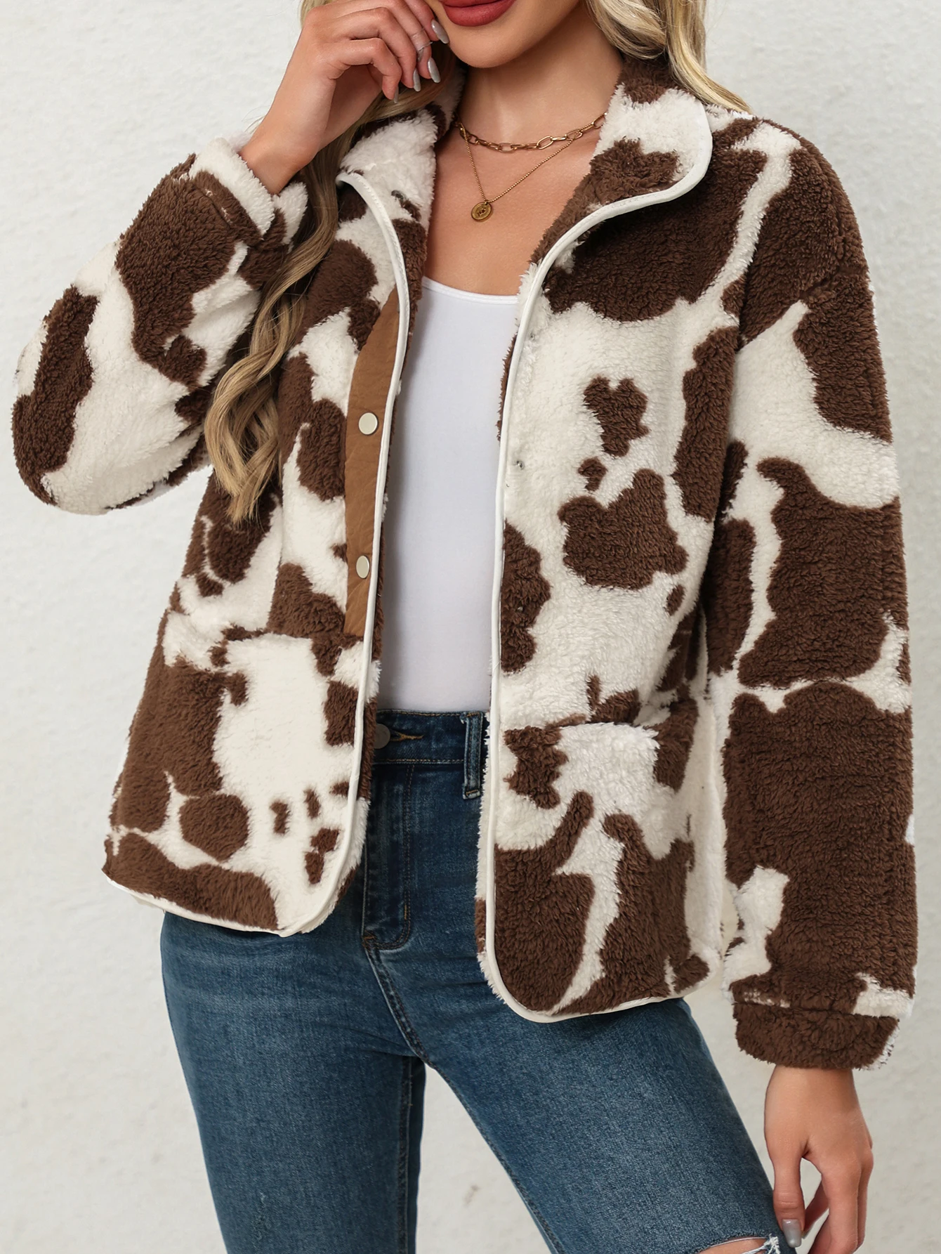 Ladies' Leisure Jacket with Pockets, Half-Zip Design, Printed Fashion Coat for Autumn and Winter