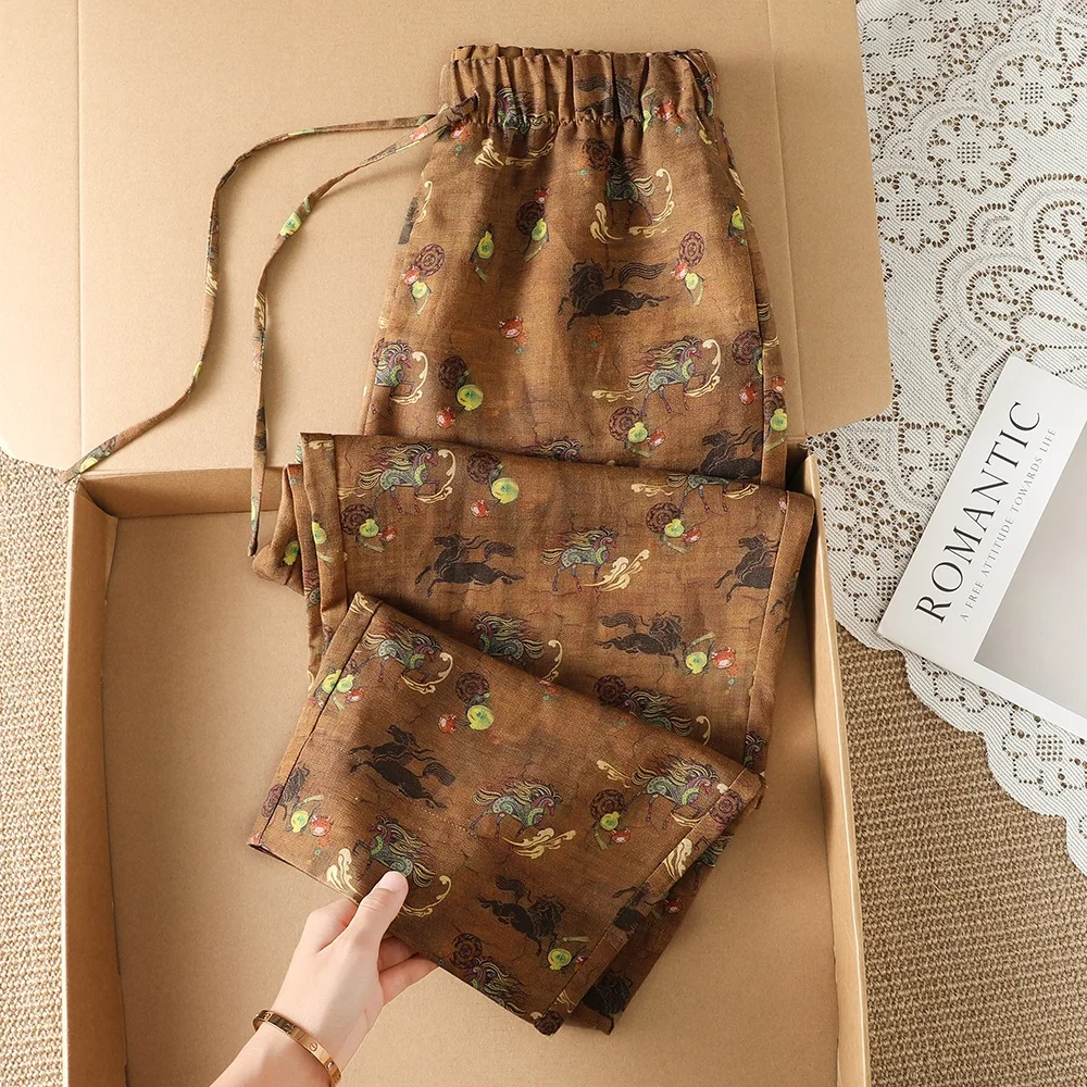 Casual Cotton Linen Print Pants Women's Fashion Nine-Piece Flower Harlan Wide Leg Pants Mid-High Waist Thin Summer