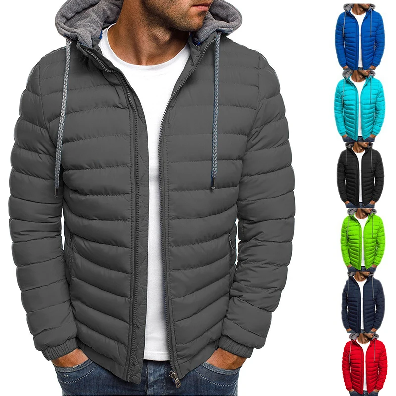 Jaqueta com capuz de algodão acolchoado masculina, casaco monocromático, roupa acolchoada, quente, outwear casual diário, zíper, moda inverno