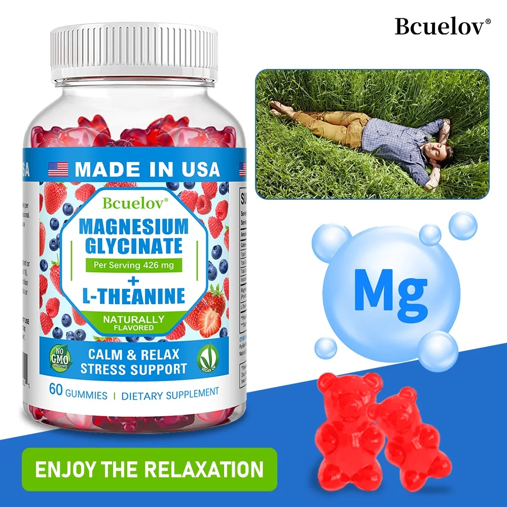 Magnesium Glycinate Gummies - with L-Theanine, Naturally Flavored, Calm Relax Stress Support, Non-GMO