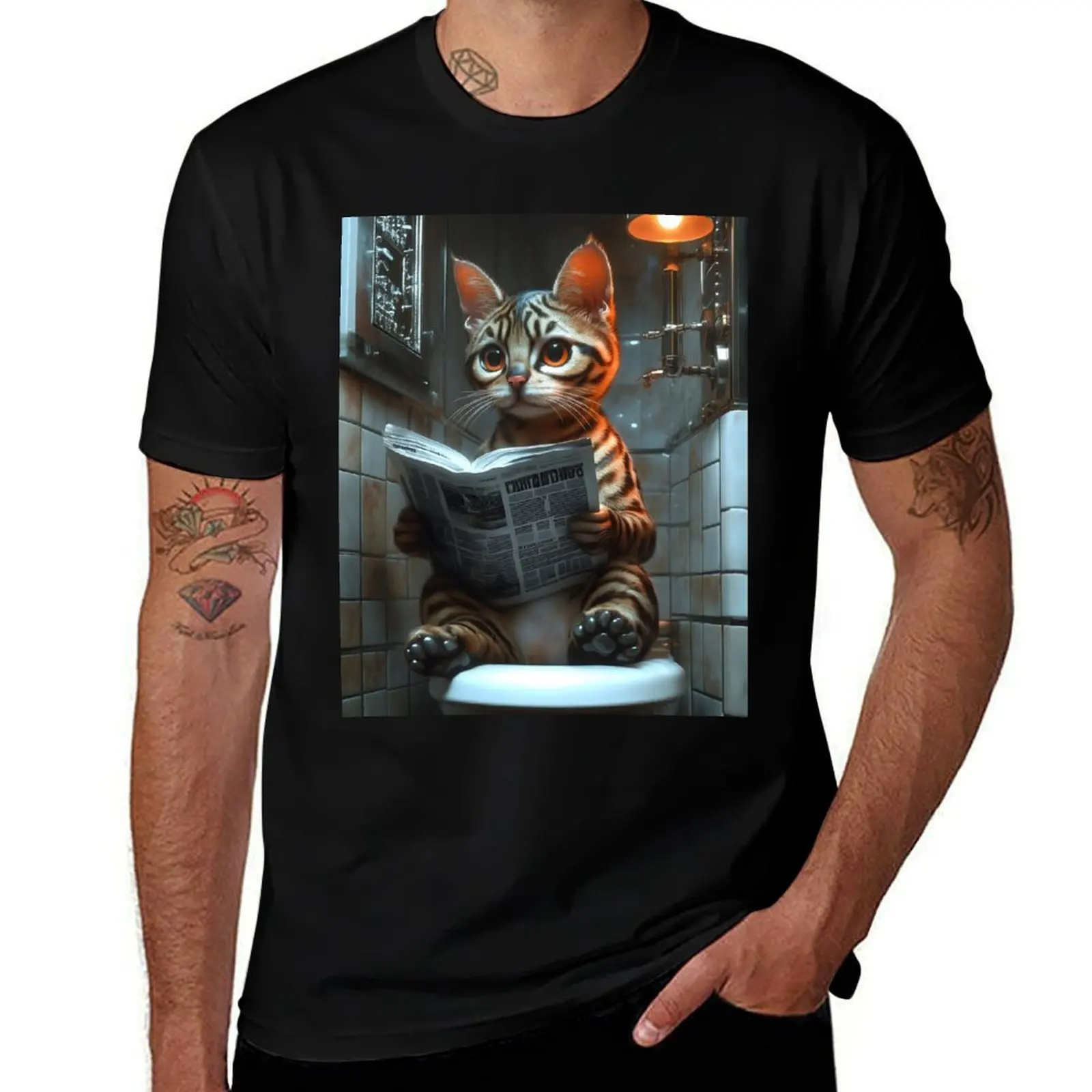 

Cute Bengal Cat Reading Newspaper On Toilet Under Warm Light T-Shirt graphic shirts t shirt men 100℅ cotton
