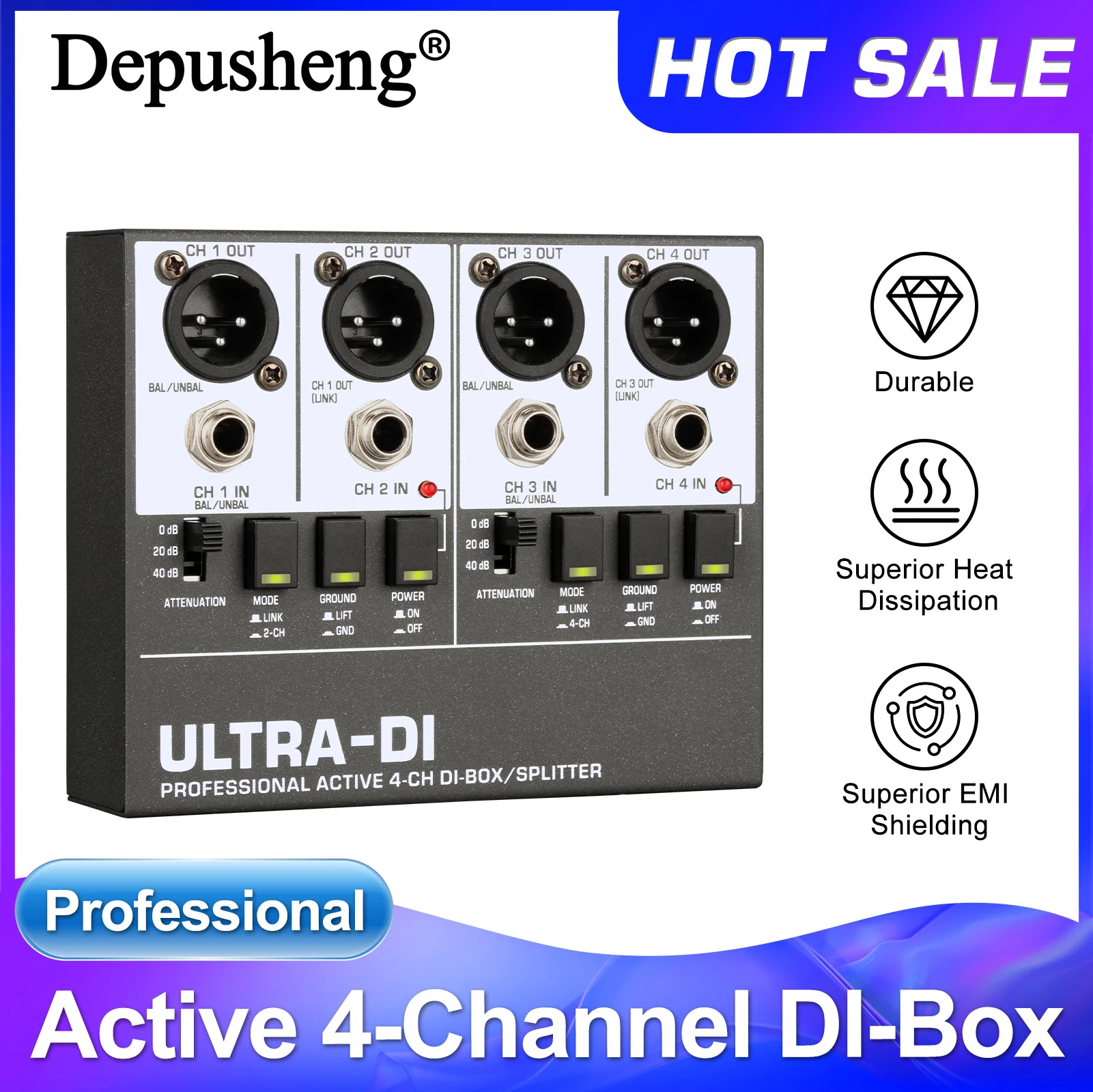 DI Box 2-Channel Professional Audio Active High Frequency Interference Guitar Instrument for Stage