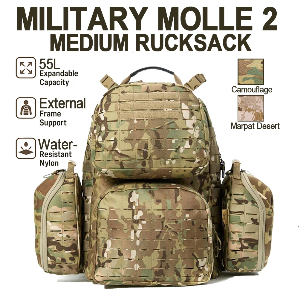 Military MOLLE II Medium Rucksack with Frame – Army Tactical 3Day Assault Pack Large Combat Backpack Camouflage / Marpat Desert