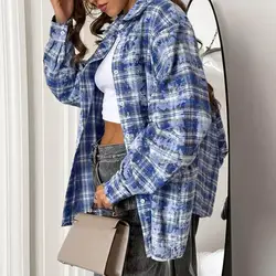 Women Shirt Stylish Women's Plaid Print Shirt Jacket for Casual Daily Wear Retro Long Sleeve Lapel Top with Single Breasted