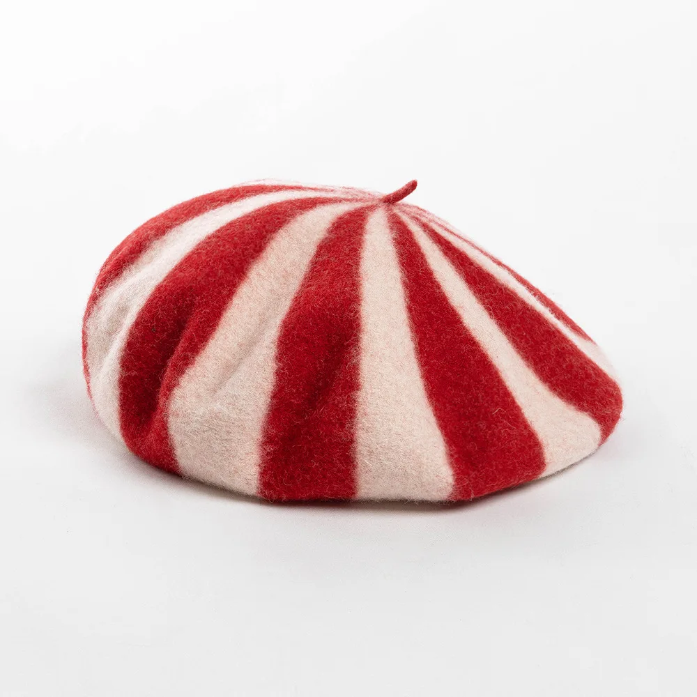 Wool Berets Women Hat Winter Large Size Striped Candy Color Casual Parent Child Fashion Design Lady Girls Berets Boina New Cap