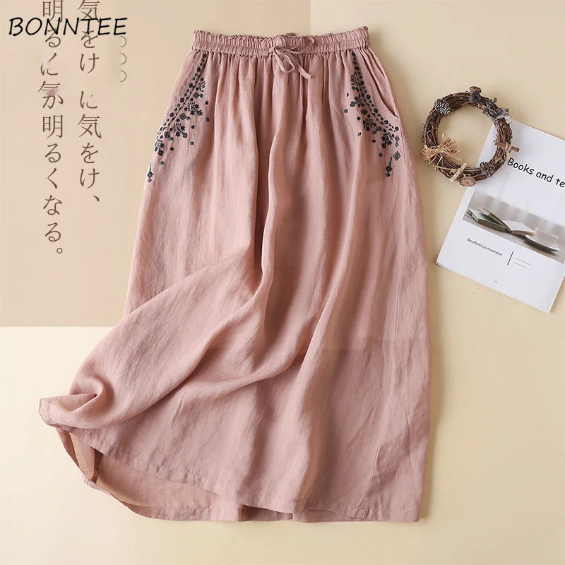 

Skirts Women Summer Midi A-line Embroidery Casual Loose All-match Literary Female Graceful Newly Classic Retro Chic Korean Style