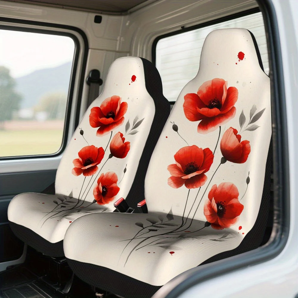 2pcs Watercolor Red Roses Design Universal Car Seat Cover Set – Premium Comfort And Style, Durable Seat Protectors, Universal Fi