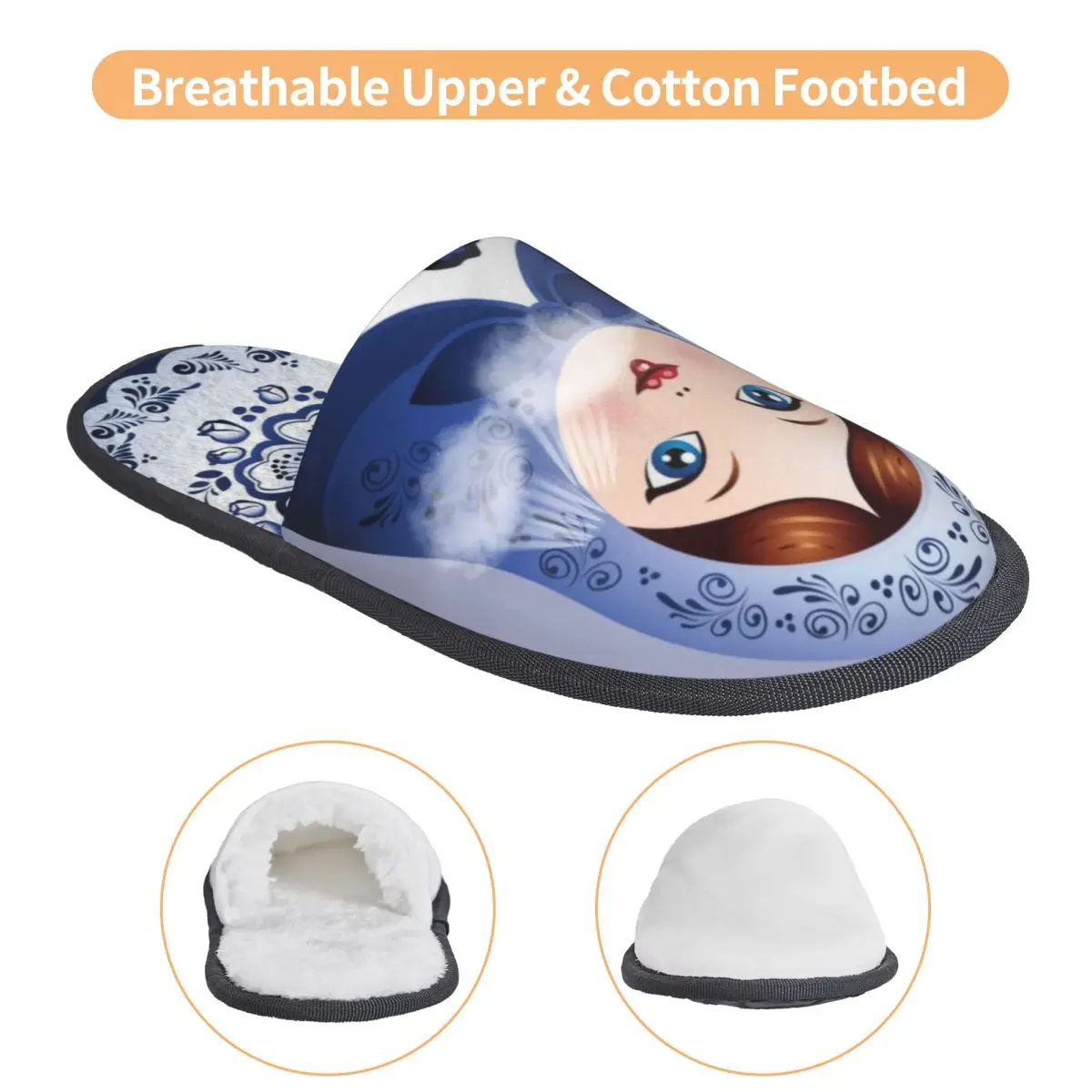 Custom Blue Matryoshka Doll Comfy Scuff With Memory Foam Slippers Women Russian Babushka Folk Art Hotel House Shoes