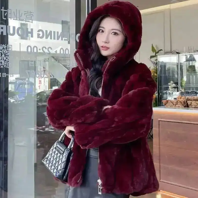 Nueva chaqueta de piel de conejo, abrigo de piel de conejo para mujer, abrigo de piel entera Natural, abrigo de piel de conejo a la moda con capucha, ropa Kawaii para mujer