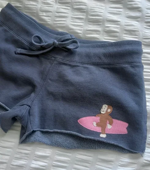American Retro Surf Monkey Embroidered Casual Shorts Harajuku Style Navy Blue Rolled-Edge Home & Sports Hot Pants