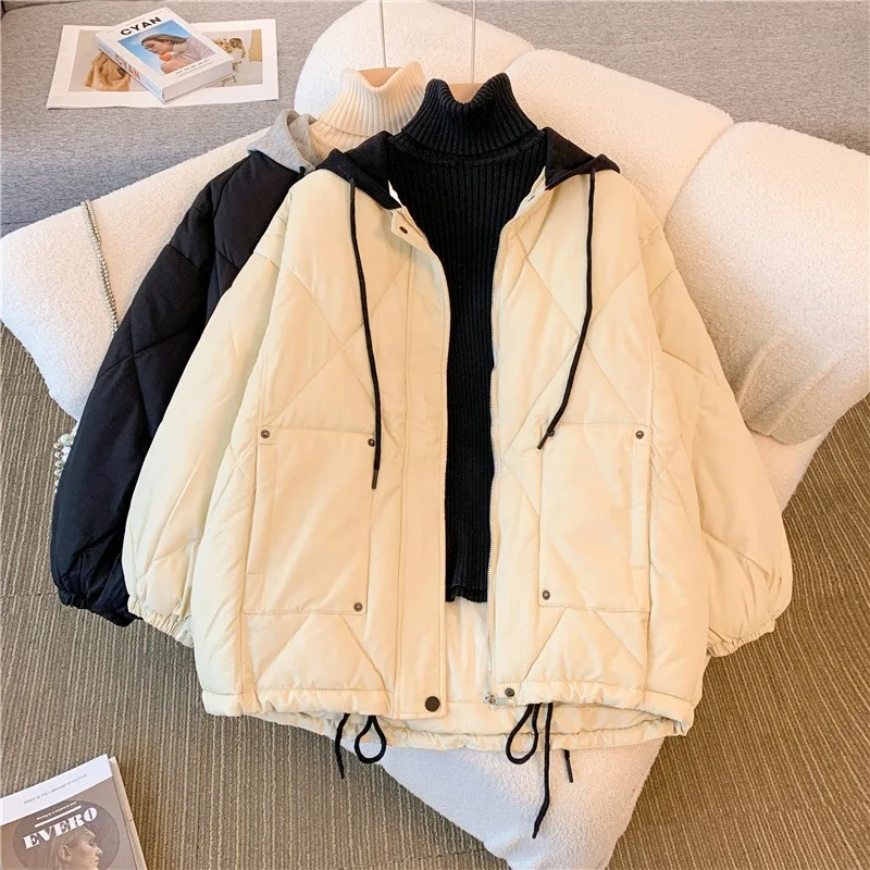 

Korean Style Women Patchwork Hooded Cotton Jackets Oversized All-matched Thicken Coats Leisure Loose Warm Female Outerwear