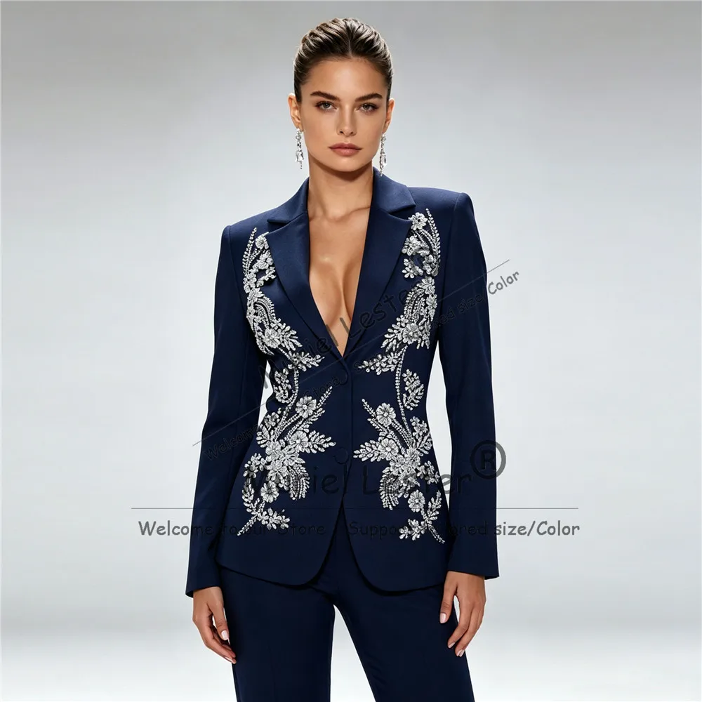 Elegant Women Suits 2 Piece Sets Diamond Beaded Appliques Prom Blazer Pants Customized Lady Business Party Tuxedo Female Clothes