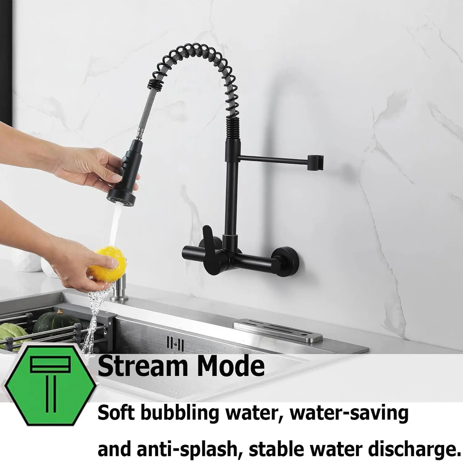 صنابير المطبخ المثبتة على الحائط، صنبور المطبخ المثبت على الحائط مقاس 8 بوصة مع بخاخ، أسود غير لامع #3