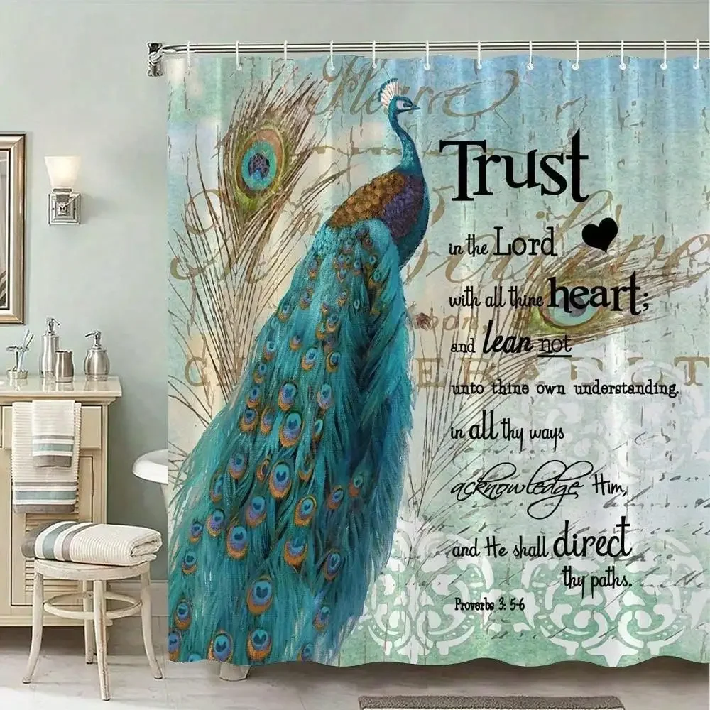 1pc Majestic Peacock Shower Curtain with Iridescent Blue-Green Feathers & Religious Quote - Elegant Vintage Bathroom Decor Suitable for Bath/Shower, Machine Washable with Hooks, Hooks Included for Installation