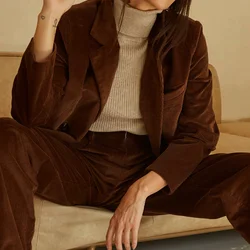 Women's suit two-piece set, corduroy double breasted jacket, long pants set, elegant casual set, autumn and winter styles