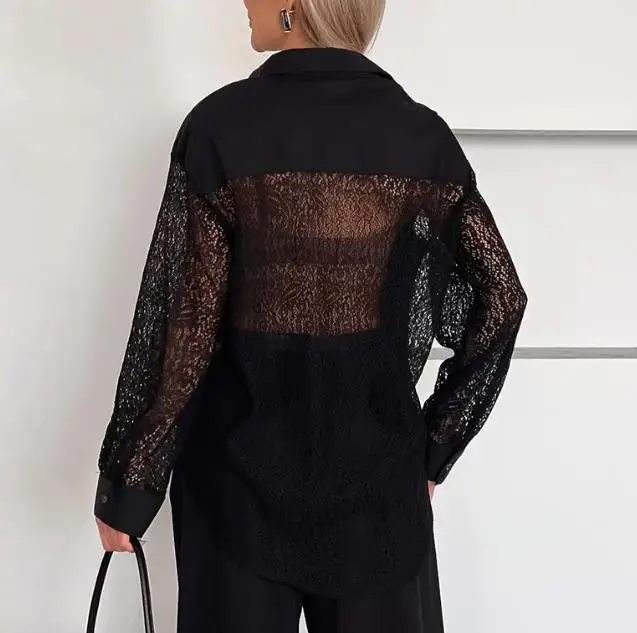 

Woman Blouse 2026 Spring Autumn New Solid Color Lace Splicing Hollow Back Design Long Sleeve Turn-Down Collar Commuter Shirt