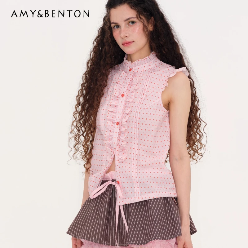 

French Retro Floral Sleeveless Stand Collar Lace Women's Shirt 2025 New Sweet Cute Drawstring Small Flutter Sleeve Shirts Ladies